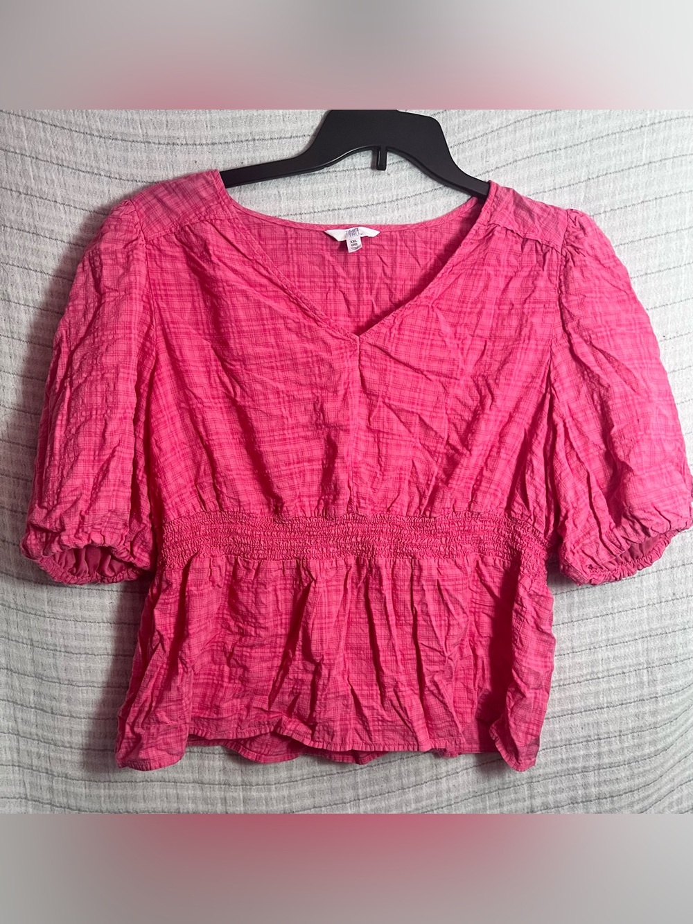 Time and Tru Hot Pink Plaid V-Neck Smocked Waist Blouse